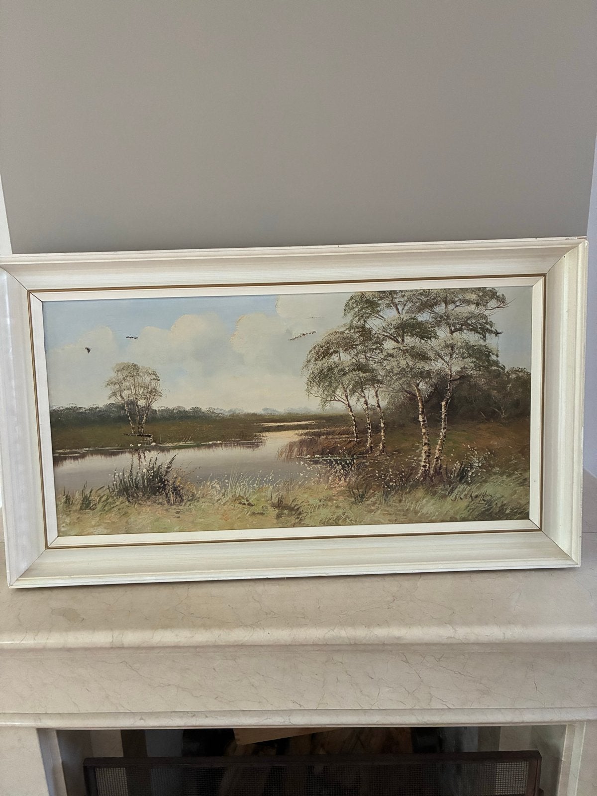 Schilderij Landschap met Water en Berkenbomen, Doek, Realistisch, Ophalen of Verzenden, Gesigneerd
