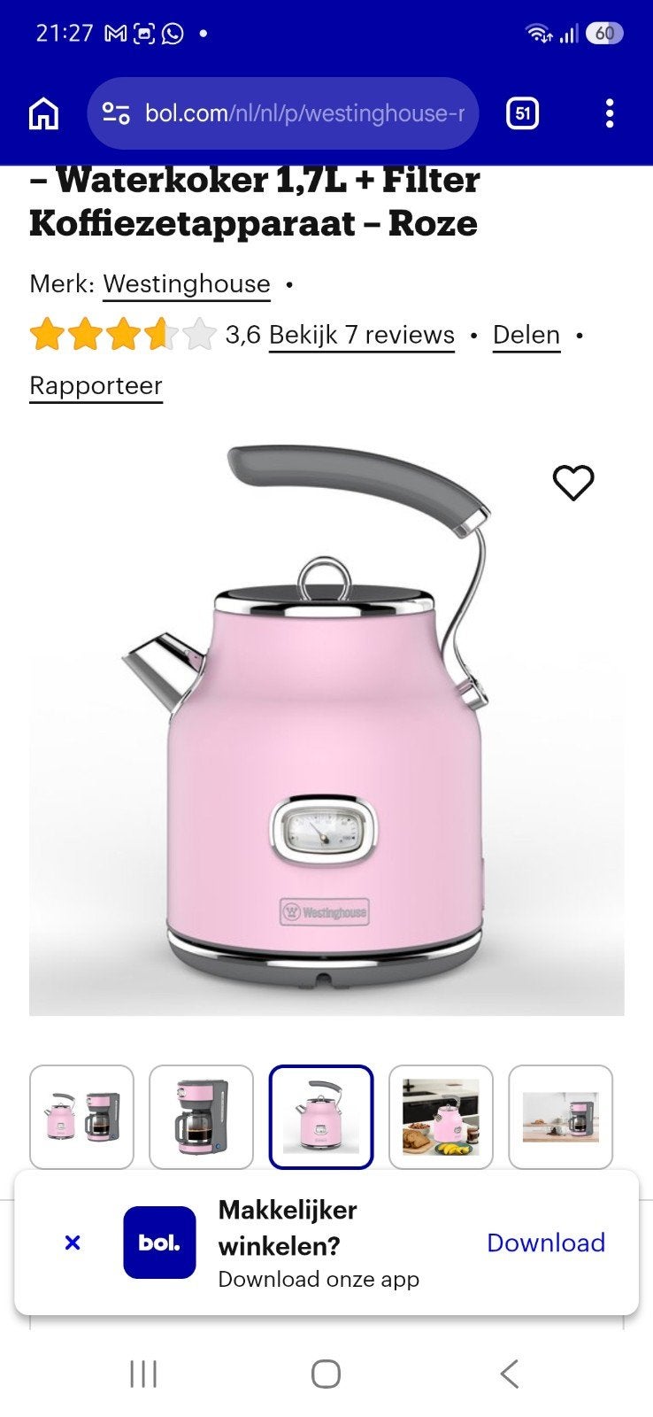 Westinghouse Waterkoker 1,7L - Roze, 1 tot 2 liter, Ophalen of Verzenden, Nieuw, Rvs