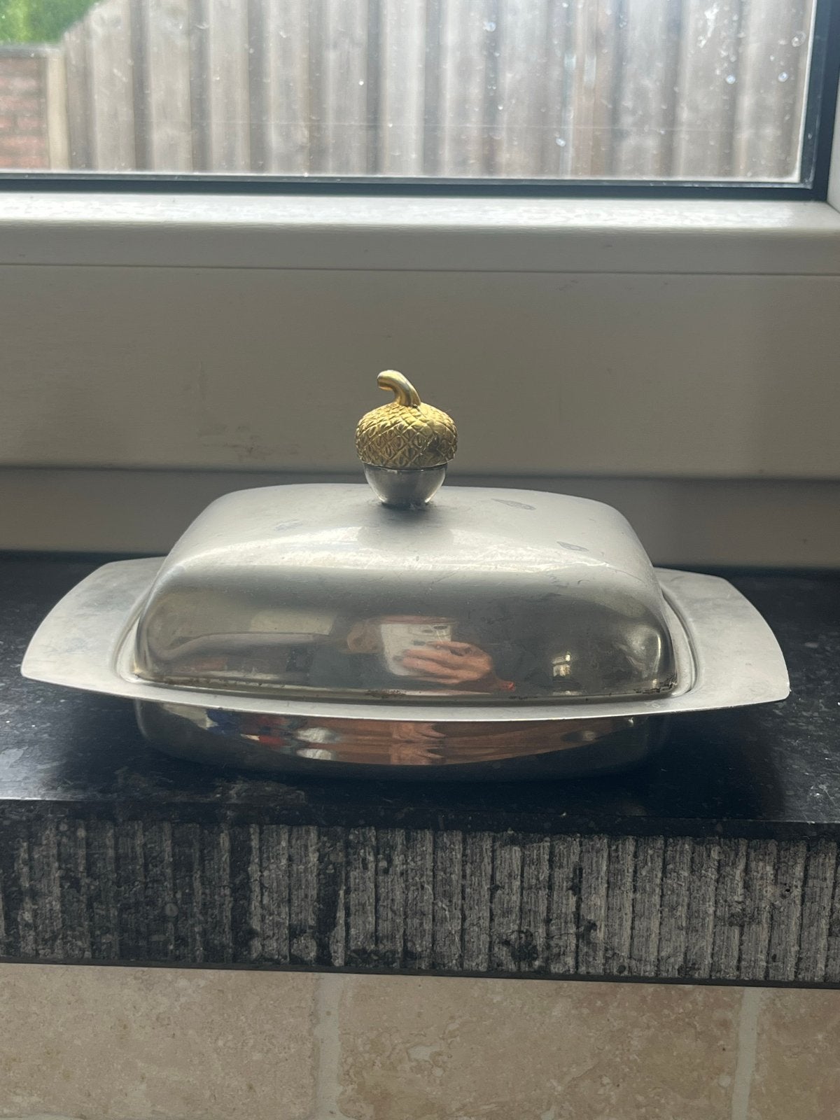 Vintage botervloot met glazen inzet en eikelknop, Ophalen of Verzenden