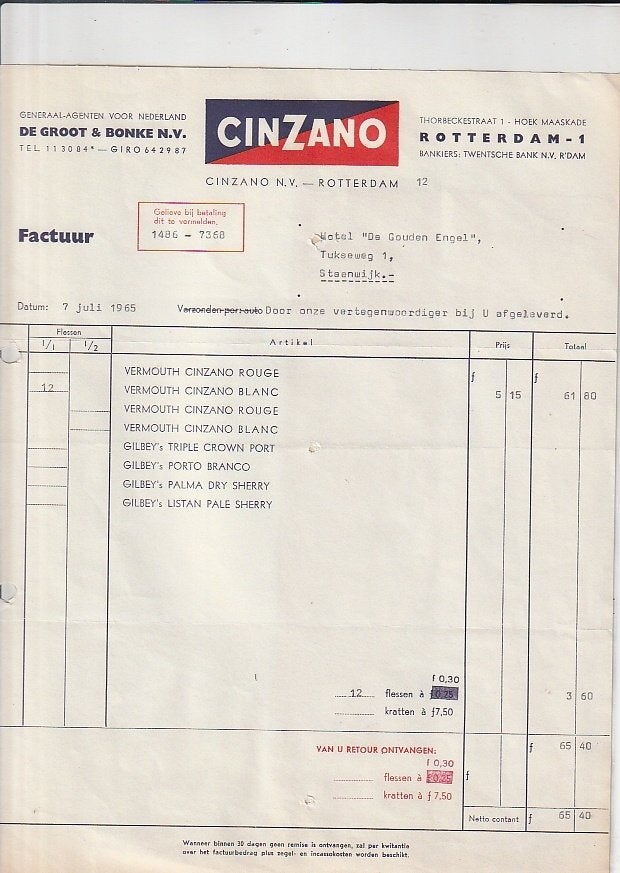 CINZANO vermouth Rotterdam oude factuur, Verzamelen, Ophalen of Verzenden, Zo goed als nieuw, Overige typen