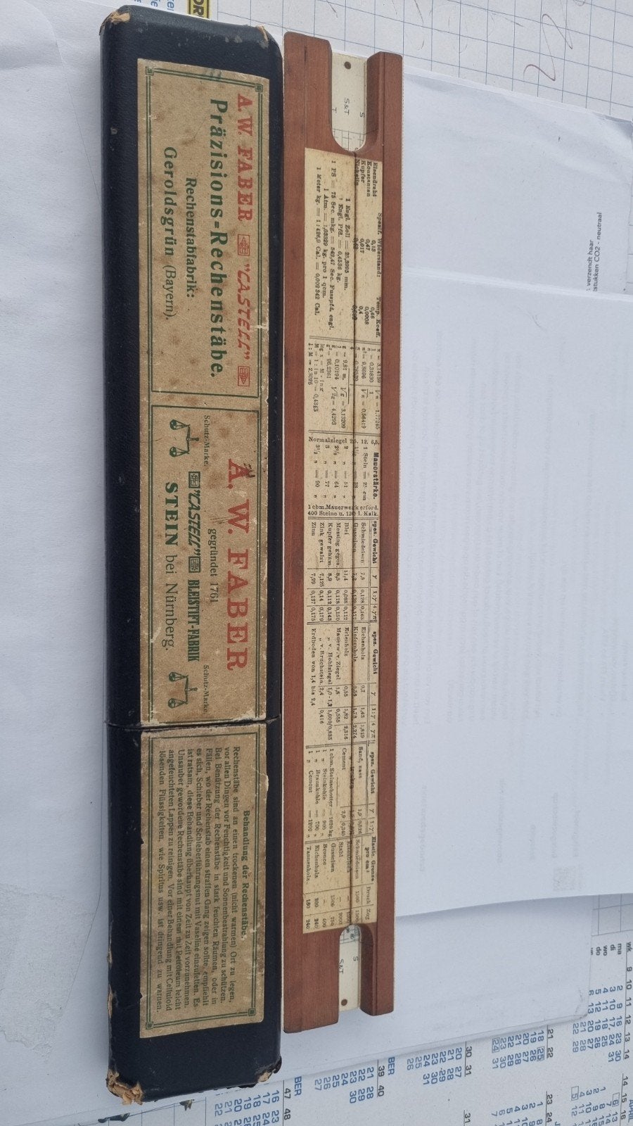 Antieke A.W. Faber Castell rekenliniaal met originele doos, Verzamelen, Ophalen of Verzenden, Gebruikt