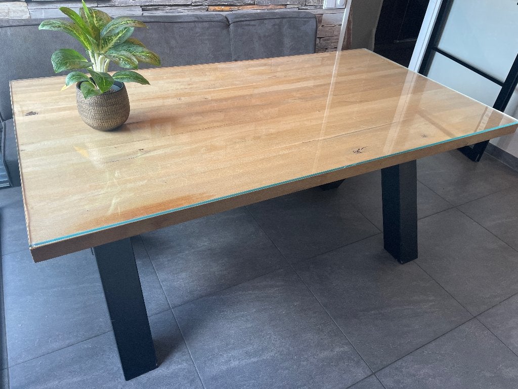 Tafel (95 bij 175cm) mt glasplaat, bank, stoelen en lamp, Ophalen, Gebruikt, Eikenhout, 50 tot 100 cm