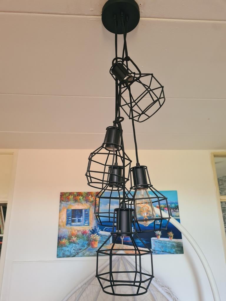 Zwarte industriële hanglamp met 5 kooilampen, Ophalen, Industrieel, Modern, Zo goed als nieuw, Metaal