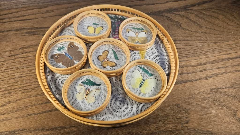 Vintage vlinder dienblad met onderzetters, Ophalen of Verzenden, Overige materialen