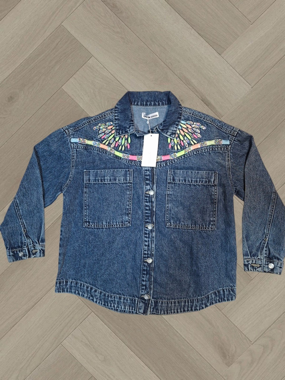 spijkerjas maat xl met kleur details, Blauw, Maat 42/44 (L), Nieuw, Ophalen of Verzenden