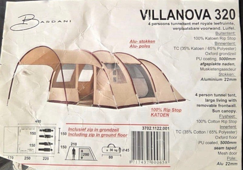 Tunneltent Bardani Villanova 320 4-persoons tent, Caravans en Kamperen, Tenten, Ophalen, Zo goed als nieuw, Tot en met 4