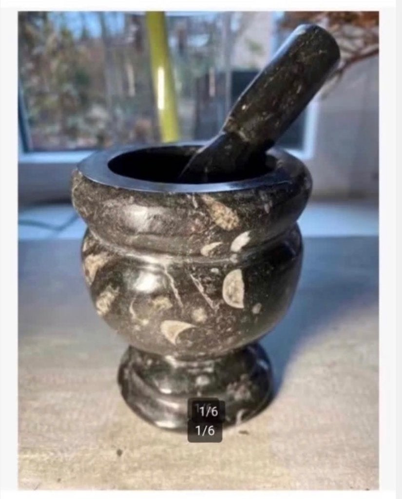 Fossiele Orthoceras vijzel met stamper 9,5 cm hoog, Ophalen of Verzenden