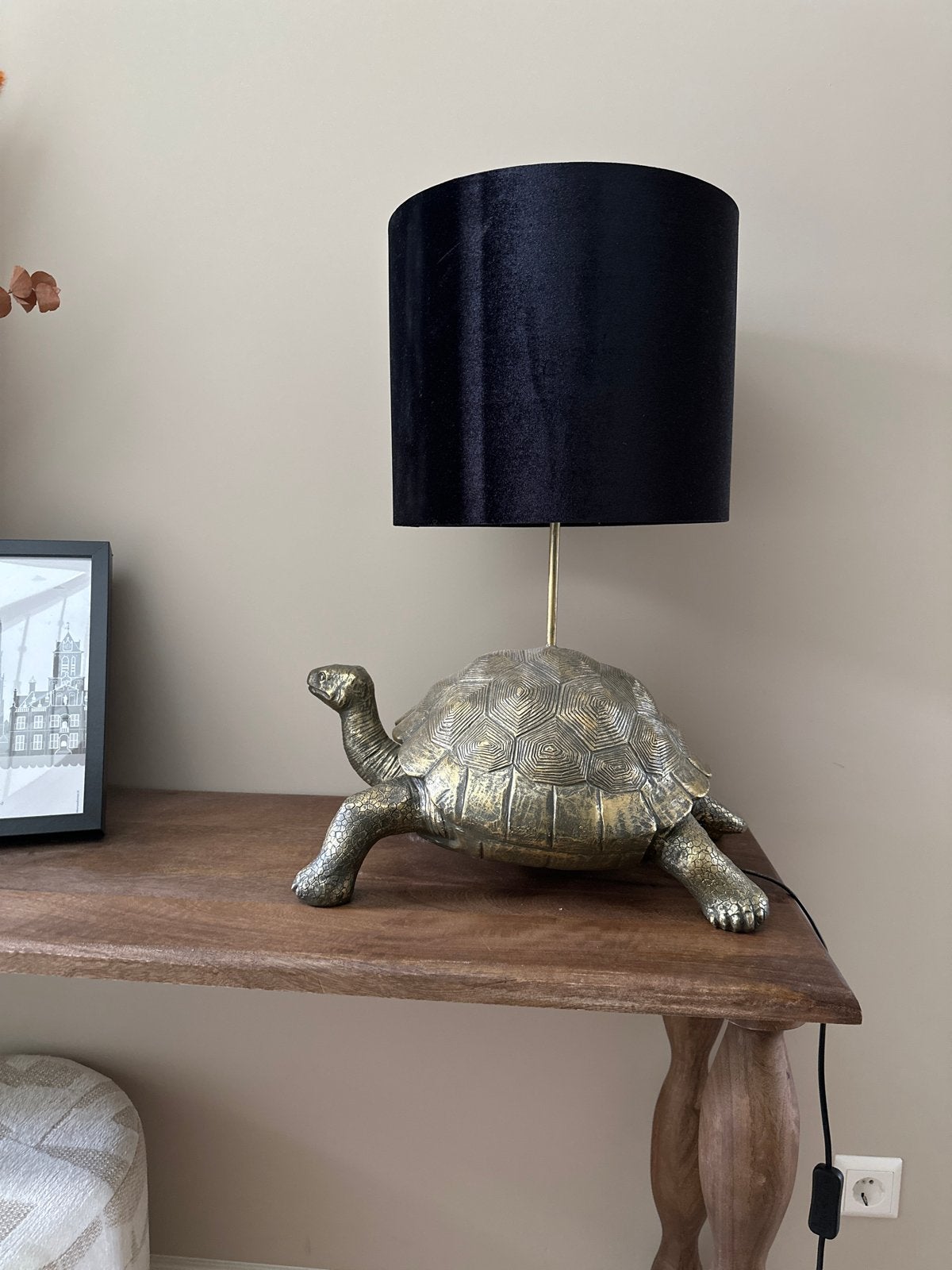 Gouden Schildpad Lamp met Zwarte Velvet Kap - Nieuwstaat, Figuurlamp, Overige materialen, Goud, 60 cm