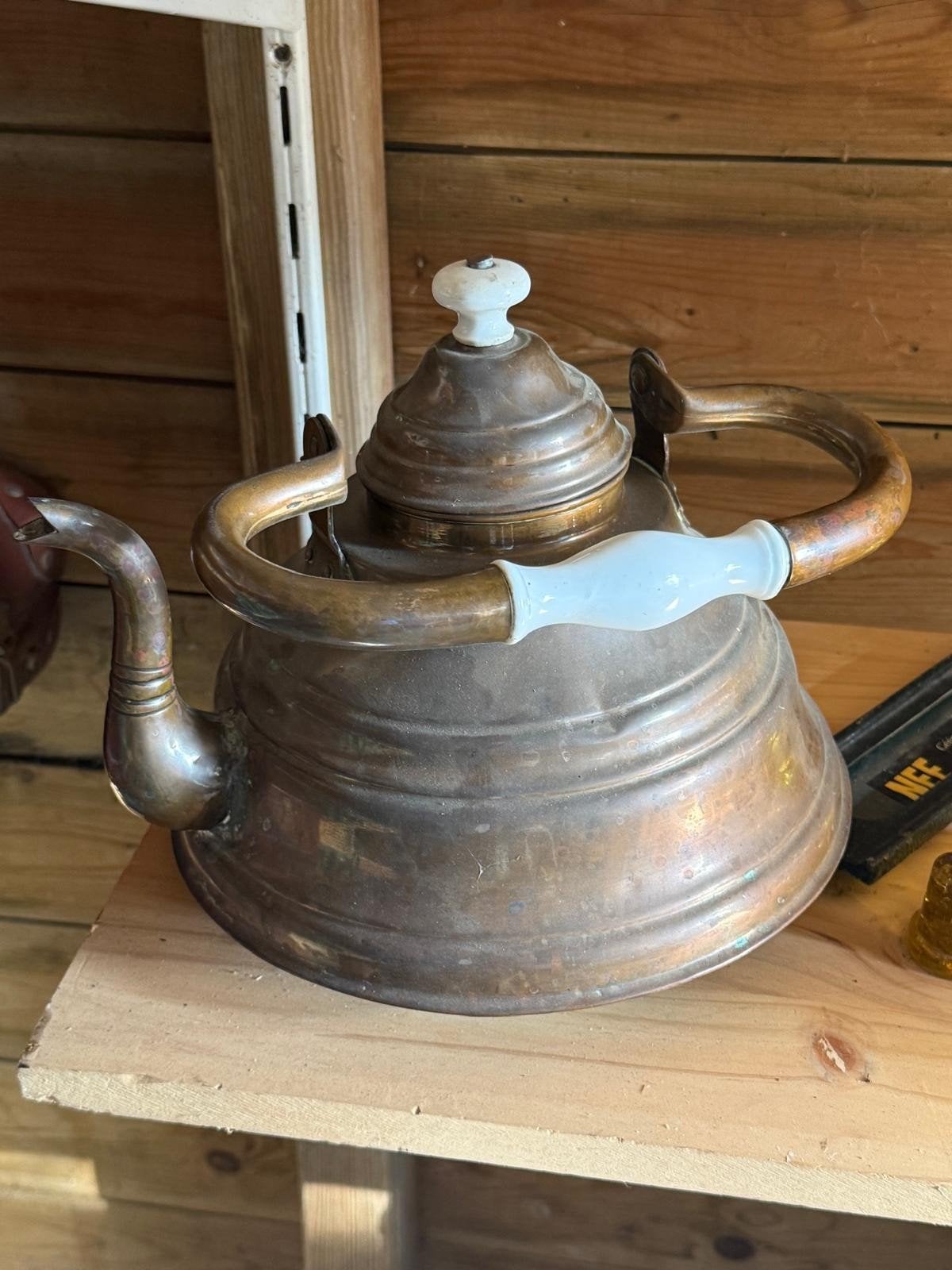 Antieke Koperen Theeketel met Porseleinen Handvat, Ophalen of Verzenden