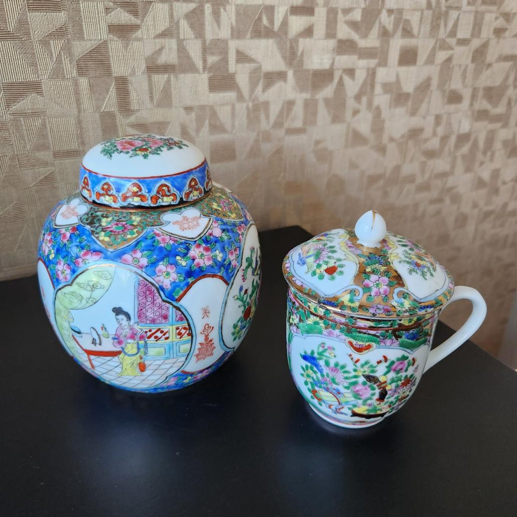 Handbeschilderde Gemberpot met Goudwerk & Theemok (Macau), Antiek en Kunst, Ophalen