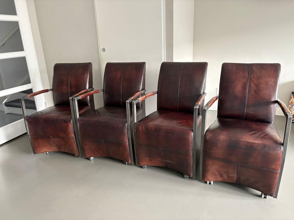 Lederen eetkamerstoelen met wieltjes, Ophalen, Gebruikt, Bruin, Leer