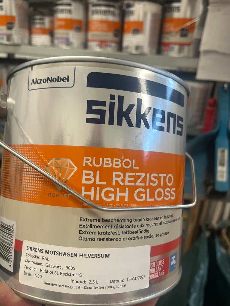 2,5ltr Sikkens BL Rezisto High Gloss zwart, Doe-het-zelf en Verbouw, Verf, Beits en Lak, Ophalen, Zwart, Nieuw, Verf