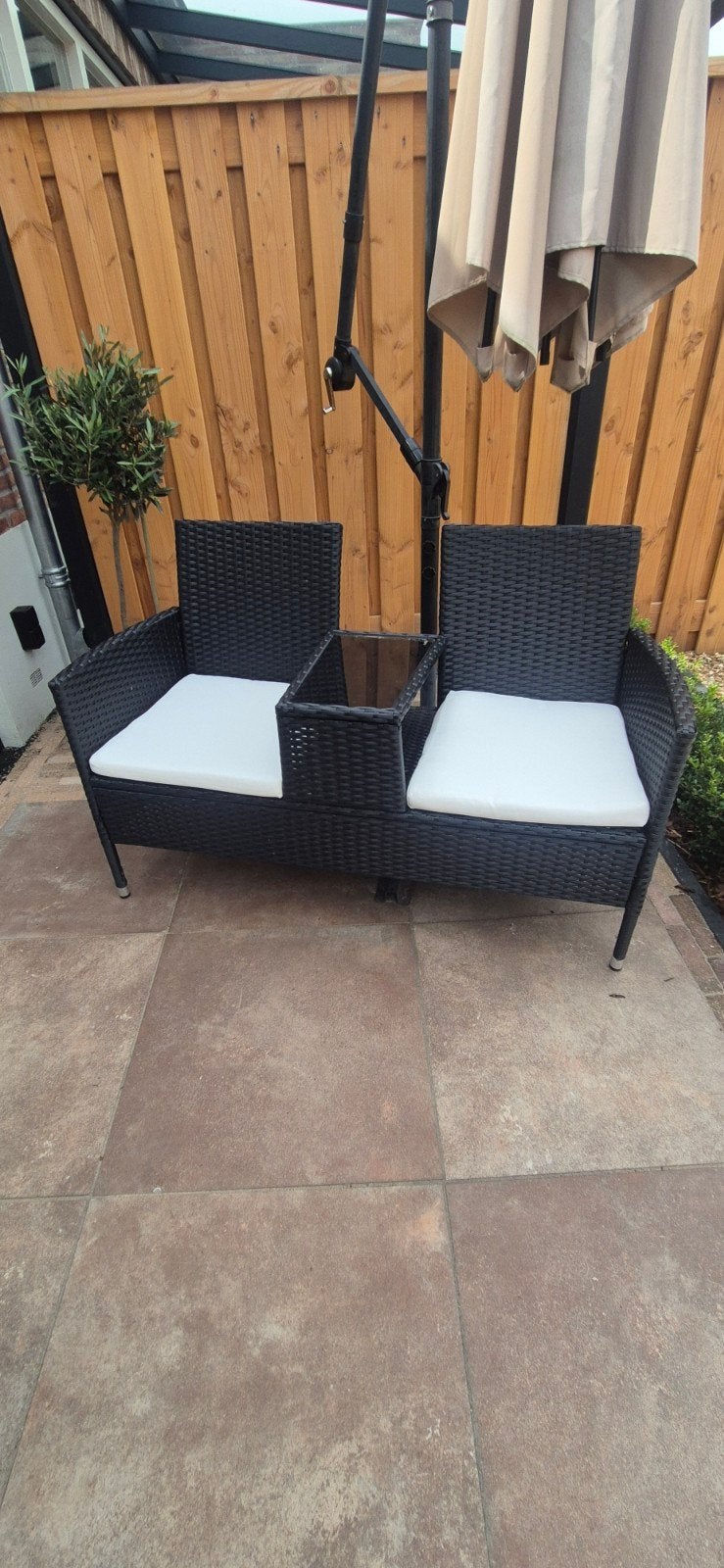 Wicker tuinbank met tafel - Zwart, Tuin en Terras, Ophalen, Gebruikt, Wicker