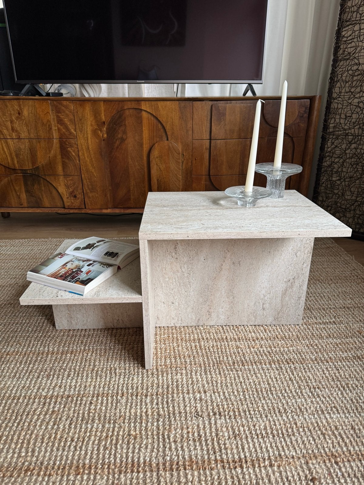 Moderne salontafel, Travertin look, Minimalistisch design, Huis en Inrichting, Ophalen, Overige materialen, 100 tot 150 cm, Vierkant