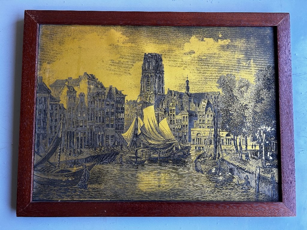 Koperen etsplaat de kolk Rotterdam 1860 met Laurenskerk, Antiek en Kunst, Kunst | Schilderijen | Klassiek, Oud hollands, Overige technieken