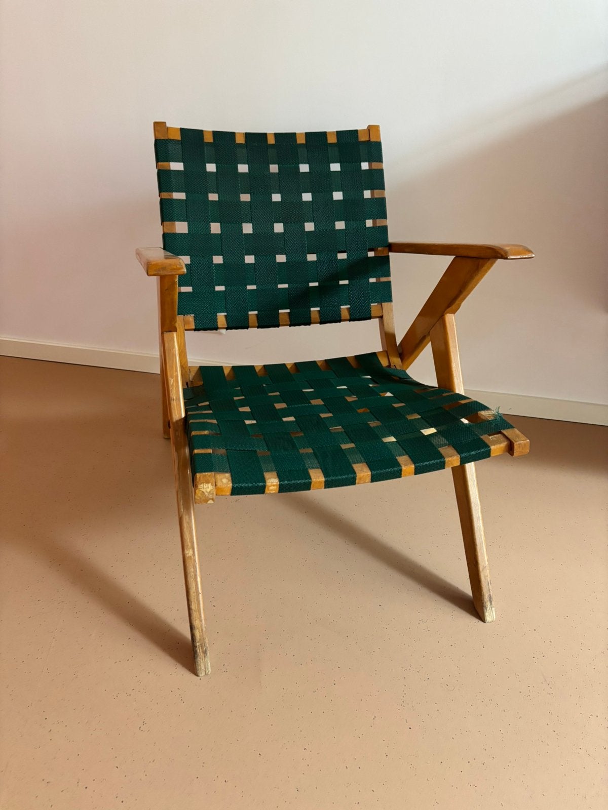 Vintage scandinavische stoel, hout met kunstof banden, Tuin en Terras, Tuinstoelen, Ophalen, Gebruikt, Hout
