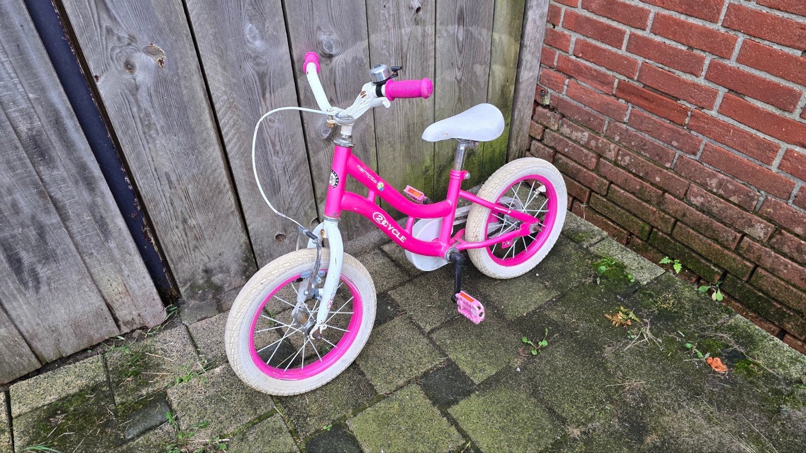 Roze kinderfiets 14 inch met zijwieltjes, Zijwieltjes, Gebruikt, Velgrem, Minder dan 16 inch