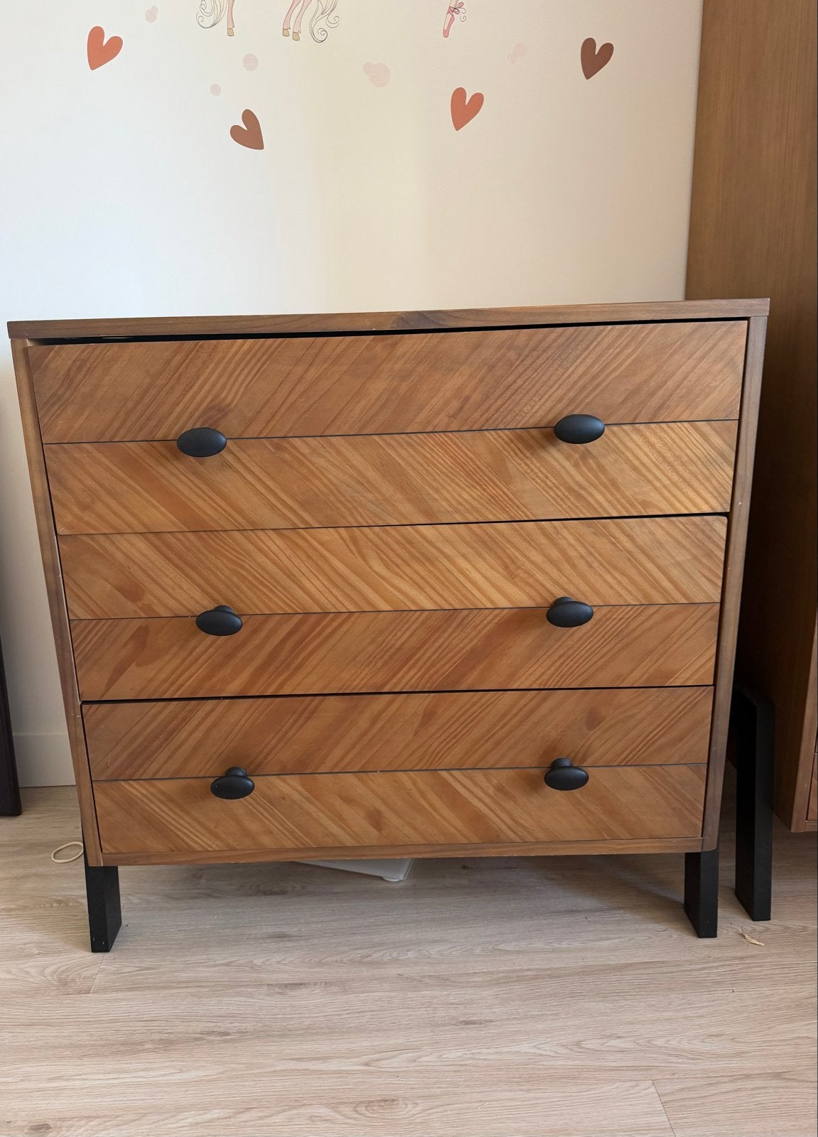 Houten ladekast met 3 laden en zwarte poten, Ophalen, Gebruikt, 100 tot 150 cm, 50 tot 100 cm