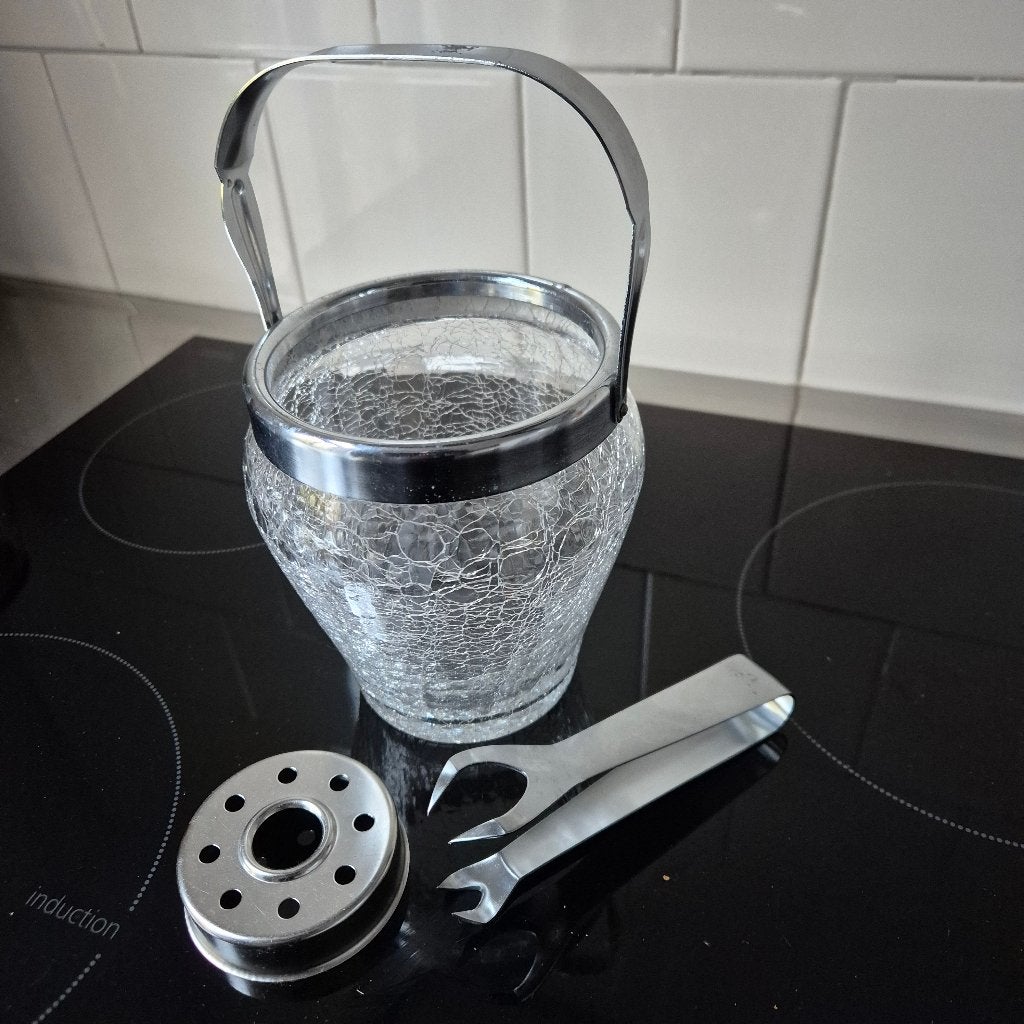Vintage ijsemmer glas/metaal, ijsklem en lek ring COMPLEET, Overige typen, Ophalen of Verzenden, Overige stijlen, Glas