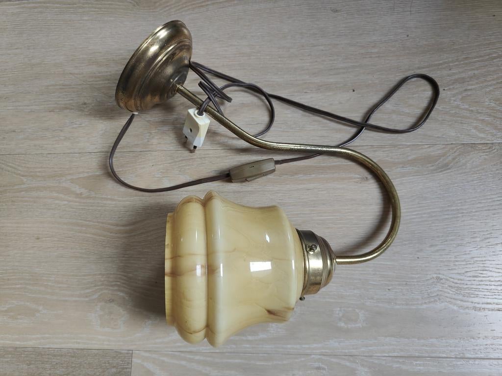 Art deco lamp brass glas yellow botergeel gevlamp, Ophalen of Verzenden, Gebruikt, Retro Vintage