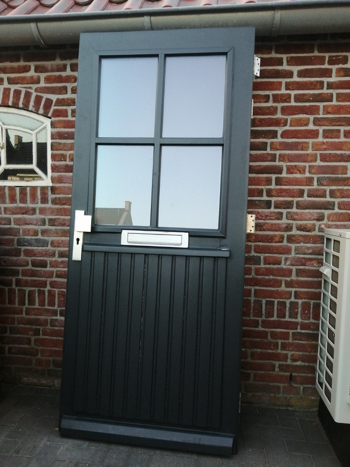Merbau voordeur 201.5 x 88 cm +thermopane compleet, Ophalen, Gebruikt, Buitendeur, 200 tot 215 cm