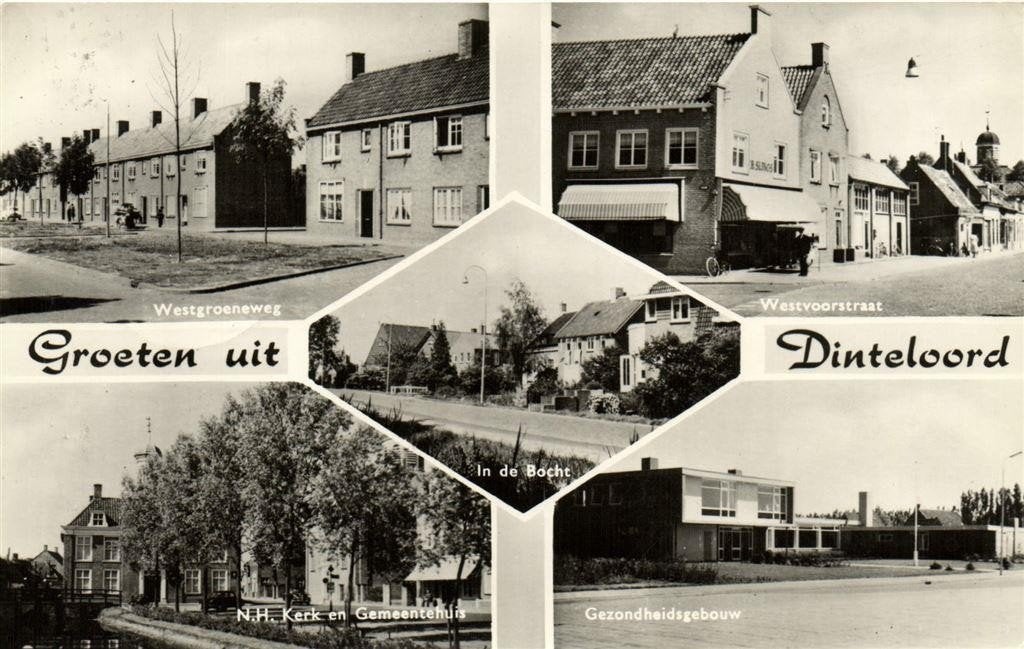 Groeten uit Dinteloord - 5 afb o.a. Westgroeneweg - gelopen, Verzamelen, Ophalen of Verzenden, 1940 tot 1960, Gelopen, Noord-Brabant
