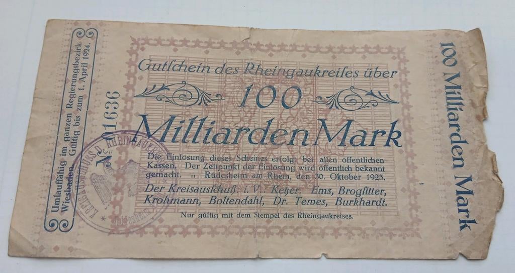 100 Miljard Mark 1923 Wiesbaden Notgeld Antiek Bankbiljet, Postzegels en Munten, Bankbiljetten | Europa | Niet-Eurobiljetten, Ophalen of Verzenden