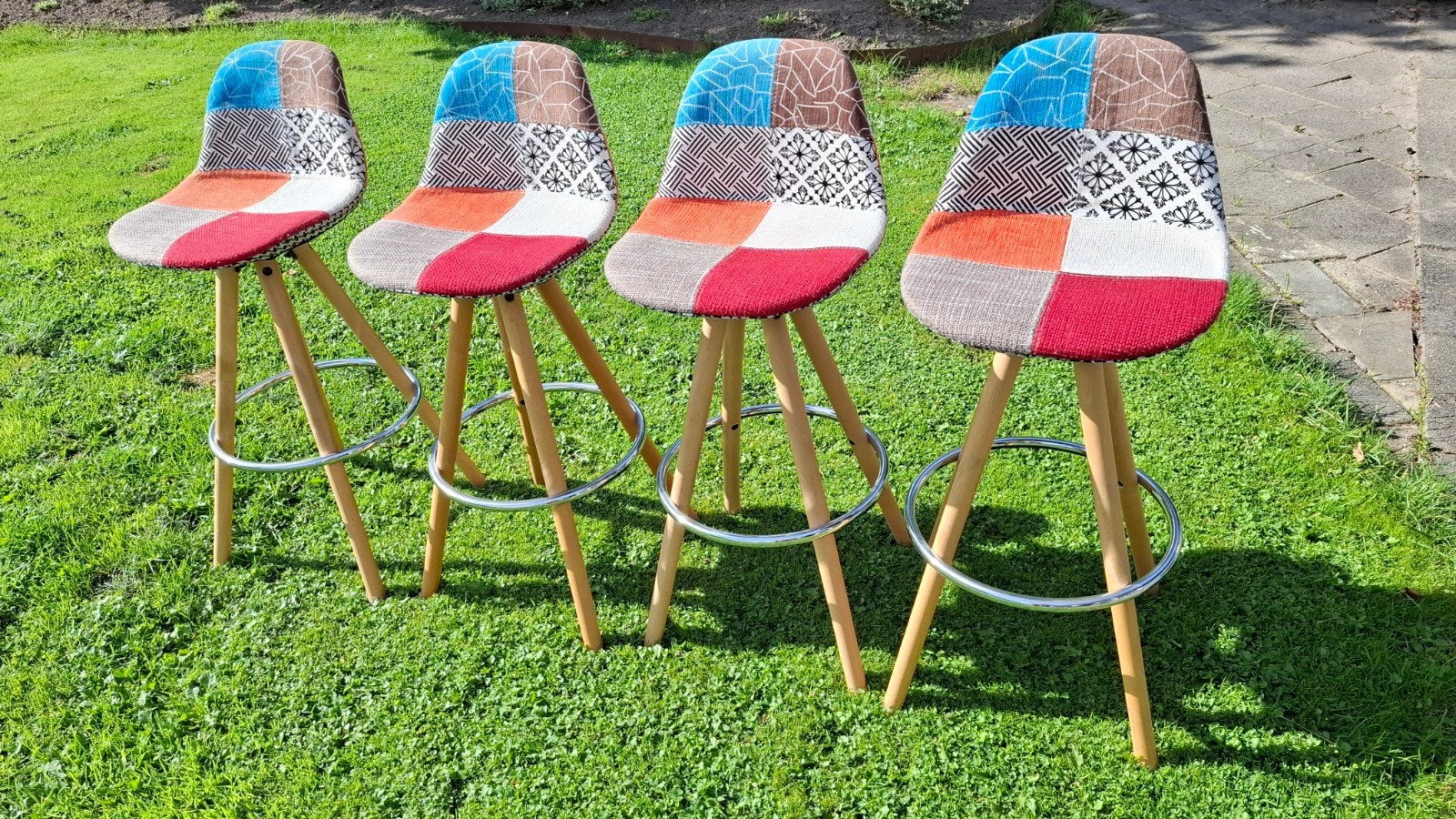 Set van 4 Patchwork Barkrukken - Kleurrijk en Comfortabel, Huis en Inrichting, Ophalen, Gebruikt, Met voetsteun, 90 cm of meer