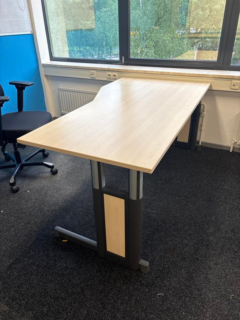 Verstelbaar Bureau - Licht Hout en Grijs Onderstel, Doe-het-zelf en Verbouw, Tekentafels, Ophalen, Zo goed als nieuw, Minder dan 130 cm