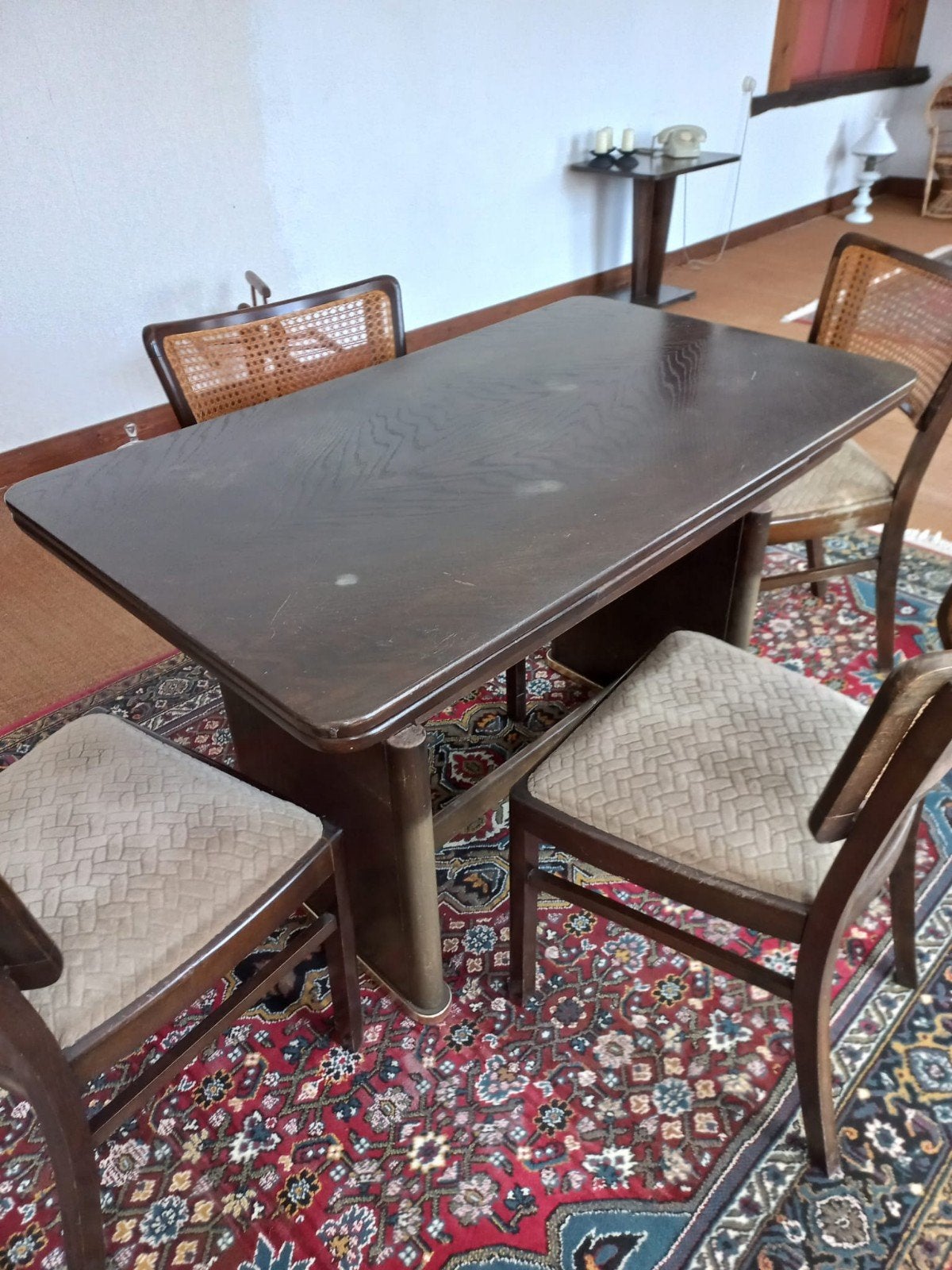 Houten verstelbare eettafel met 4 rotan eetkamerstoelen, Ophalen of Verzenden