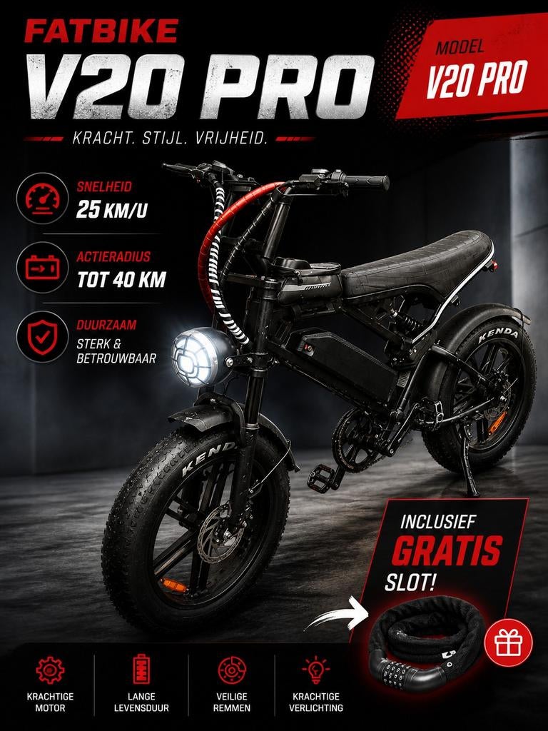 Fatbike V20 Pro met gratis slot en telefoon tas, Fietsen en Brommers, Elektrische fietsen, Ophalen of Verzenden