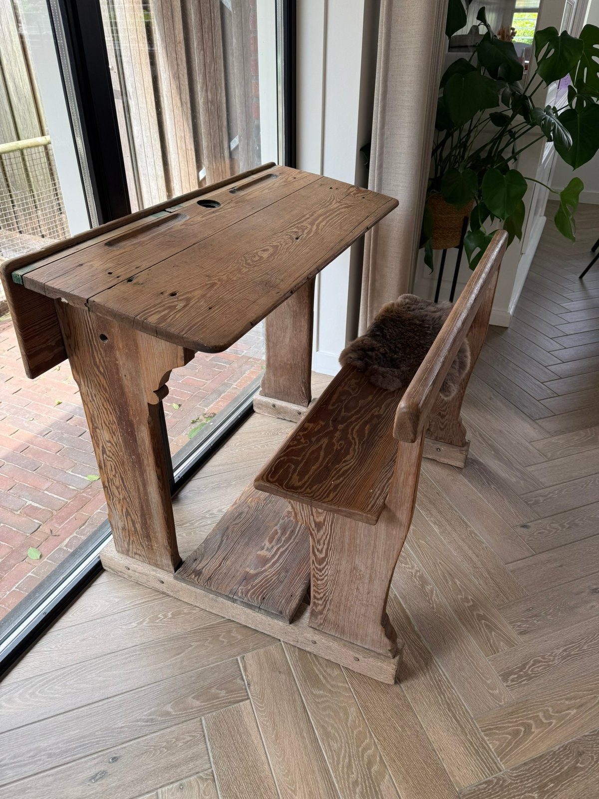 Houten oude schoolbank, Ophalen, Gebruikt, Hout, Kinderbureau