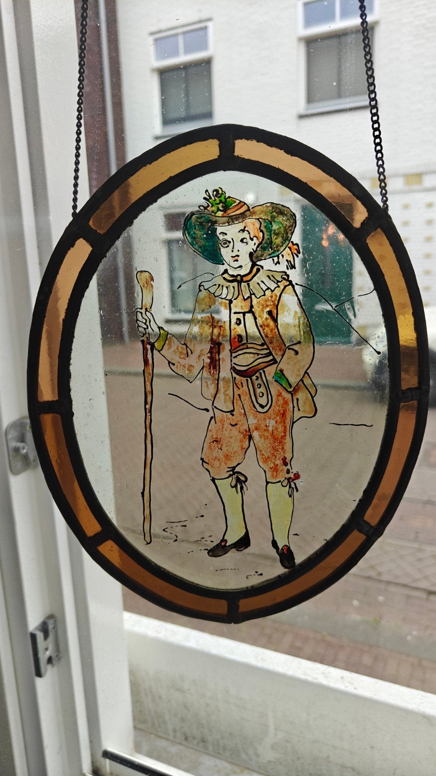 Vintage handgeschilderde glas in lood raamhanger, 24 cm, Ophalen of Verzenden