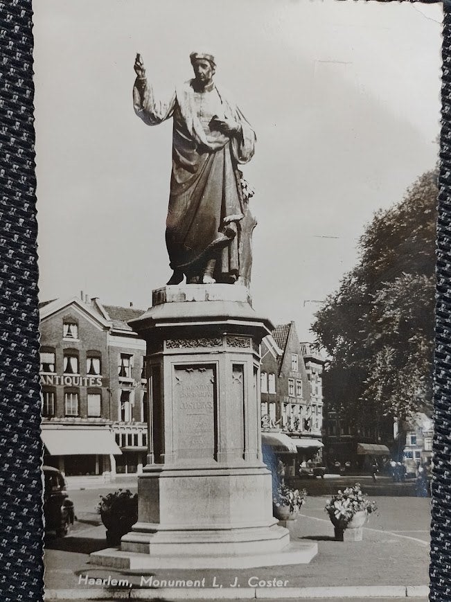 Haarlem, monument LJ Coster ansichtkaart, Ophalen of Verzenden, 1960 tot 1980, Gelopen, Noord-Holland