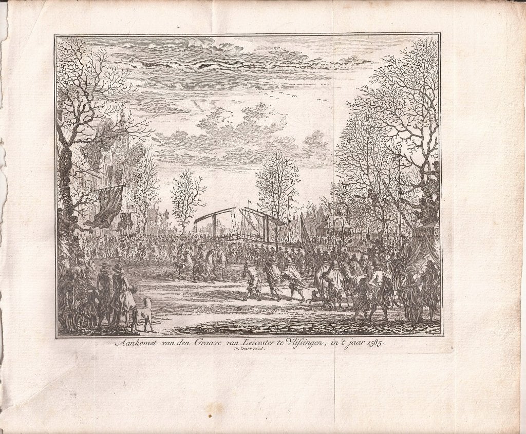 Vlissingen. Aankomst van den Grave van Leicester in 1585, Origineel, 19 cm, Ophalen of Verzenden, Gravure