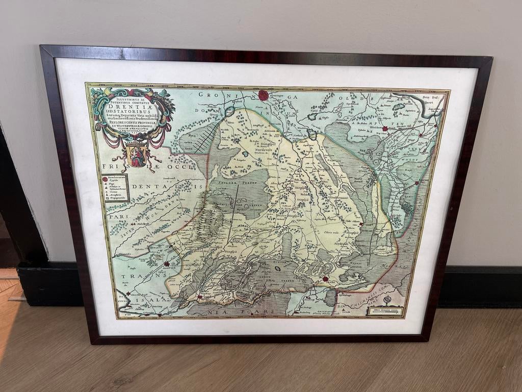 Antieke Landkaart Groningen & Drenthe 55x46 cm Ingelijst, Boeken, Atlassen en Landkaarten, Gelezen, Verzenden, Landkaart, 1800 tot 2000