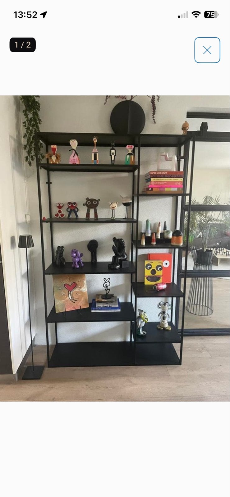 Zwart metalen open kast met planken, Ophalen, Met plank(en), 100 tot 150 cm, Zo goed als nieuw