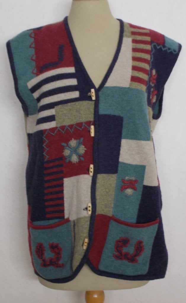Folklore/patchwork wollen gilet! L, Verzenden, Zo goed als nieuw, Maat 42/44 (L), Meerkleurig