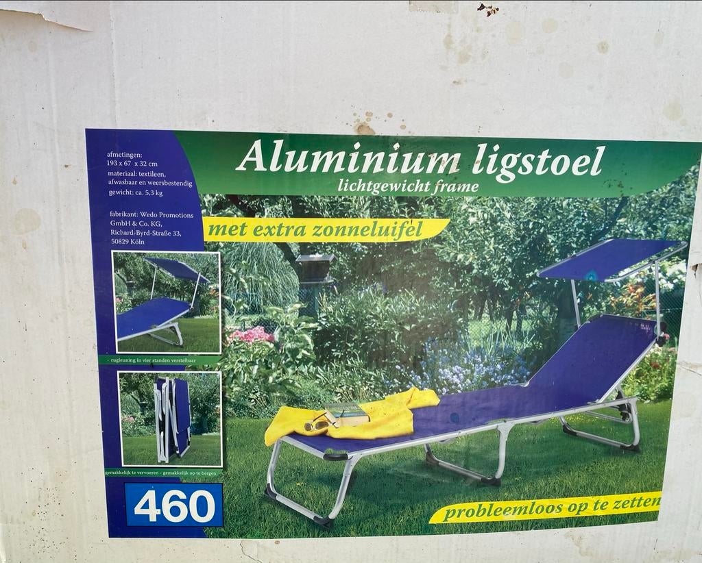 Aluminium ligstoel met zonneluifel, Ophalen of Verzenden, Nieuw, Aluminium, Inklapbaar