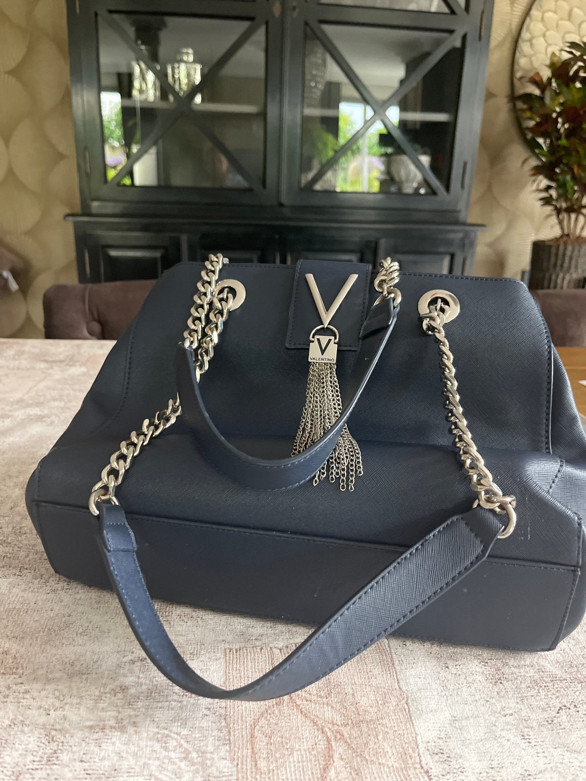 Valentino handtas donkerblauw met kettingdetails, Ophalen of Verzenden, Gebruikt, Blauw, Handtas