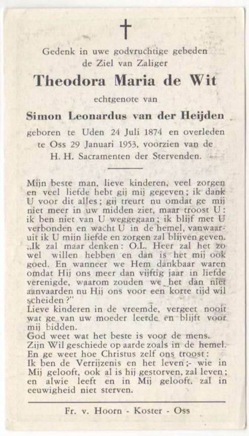 Theodora Maria de Wit 1874 Uden + 1953 Oss, 78 jaar, Verzamelen, Bidprentjes en Rouwkaarten, Verzenden