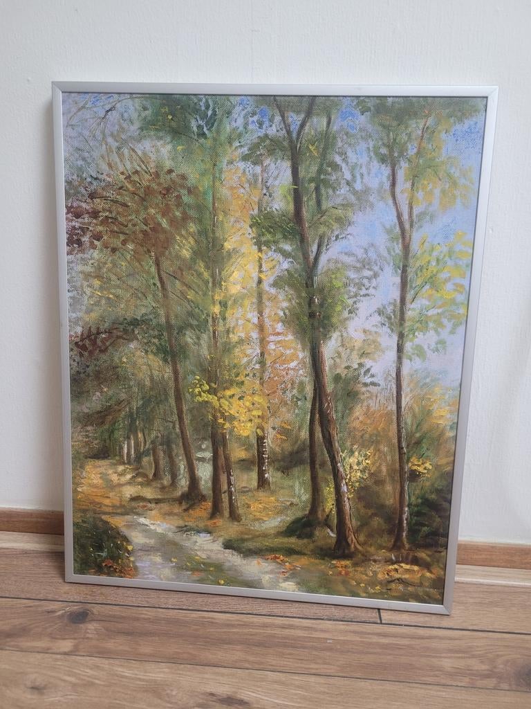 Ingelijst boslandschap schilderij / canvas – herfstbos, Antiek en Kunst, Ophalen of Verzenden