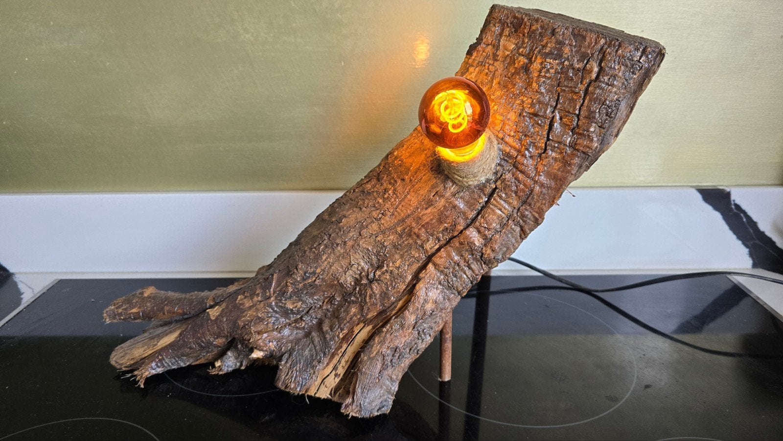 Tafellamp van houtstronk en touw, Ophalen, 30 cm, E14 (klein), Zo goed als nieuw