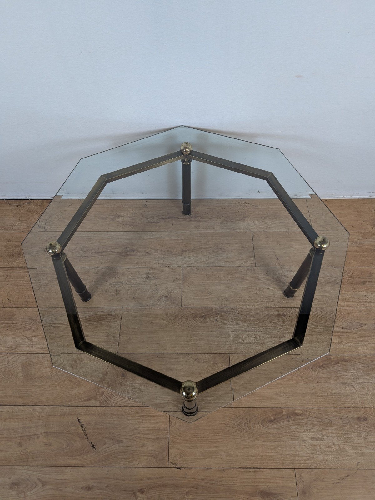 Vintage Octagon Salontafel – Messing & Glas – Hollywood, Huis en Inrichting, Gebruikt, Glas, Onbekend, Overige vormen