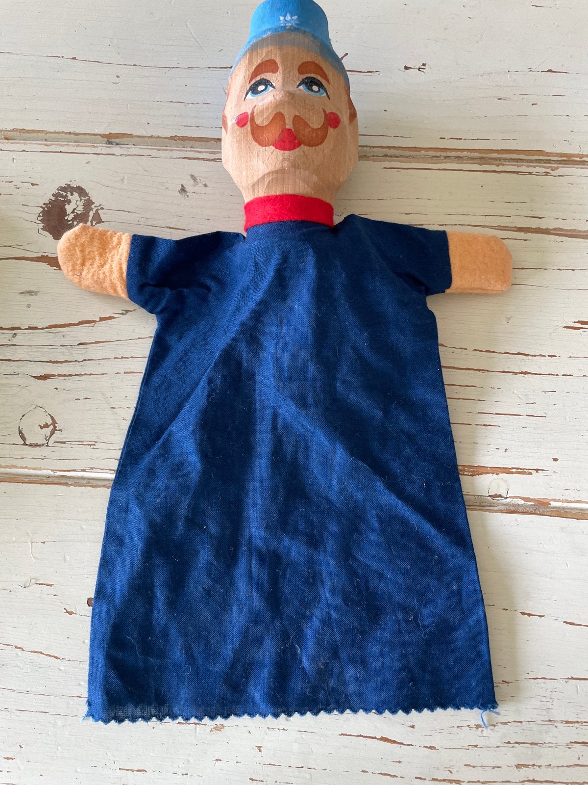 Vintage handpop met houten hoofd en blauw pakje, Kinderen en Baby's, Ophalen of Verzenden, Gebruikt, Overige typen