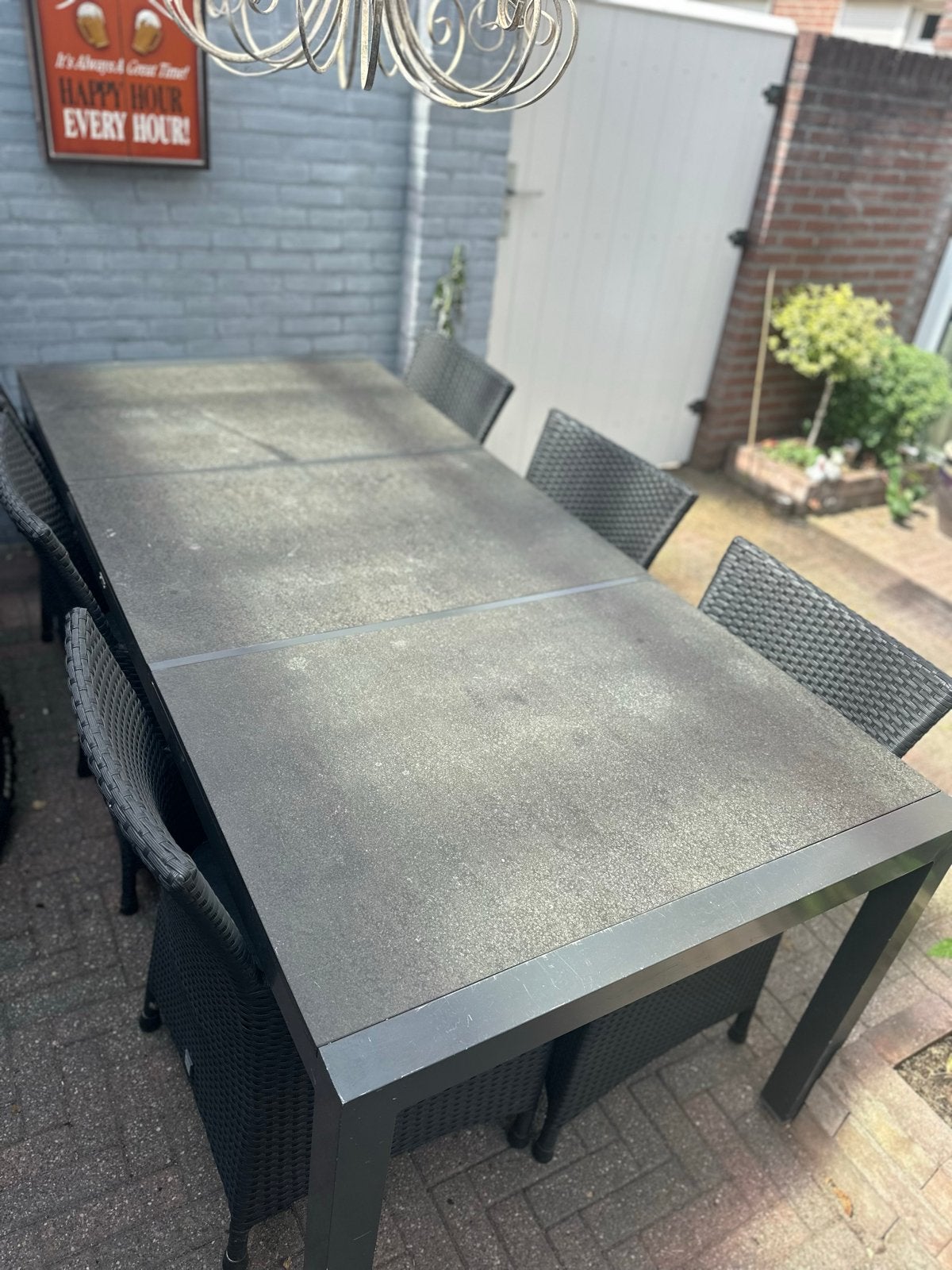 Tuinset met hardsteen tafel en 6 stoelen, Gebruikt, Eettafel, 6 zitplaatsen, Ophalen of Verzenden