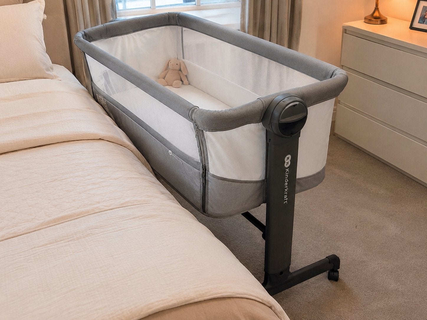 Kinderkraft NESTE UP 2 Co-Sleeper Grijs + hoeslaken & laken, Ophalen of Verzenden, Zo goed als nieuw, Wieg