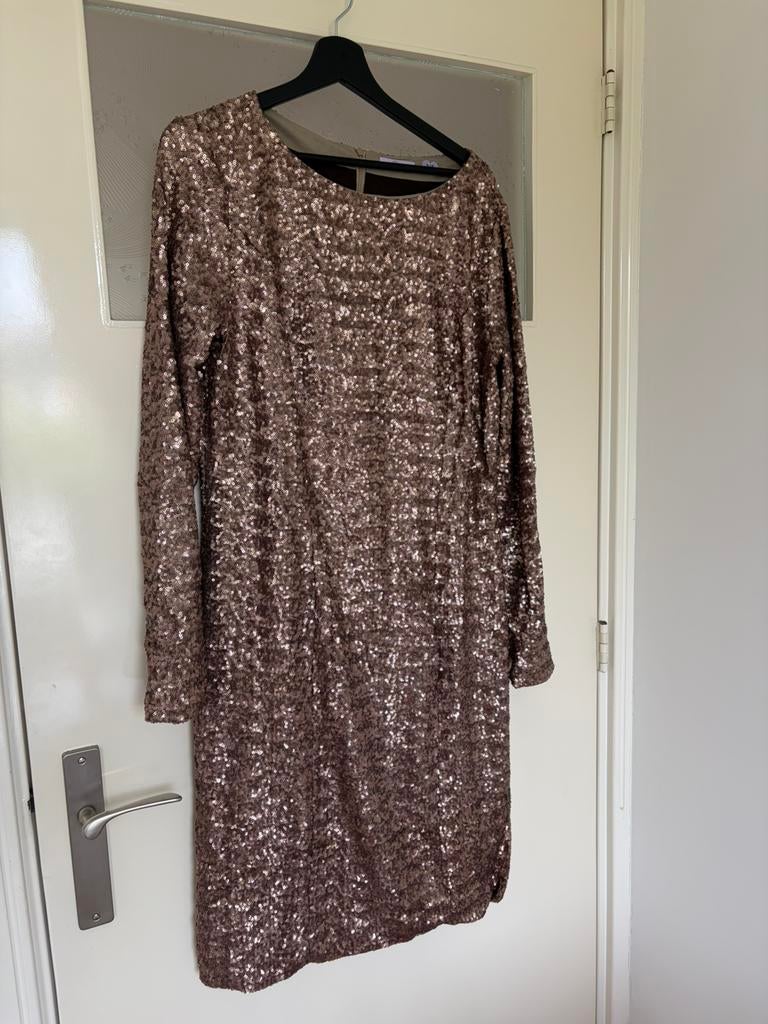 Ladress gouden pailetten jurk XXL, Ophalen of Verzenden, Zo goed als nieuw, Maat 46/48 (XL) of groter, Onder de knie