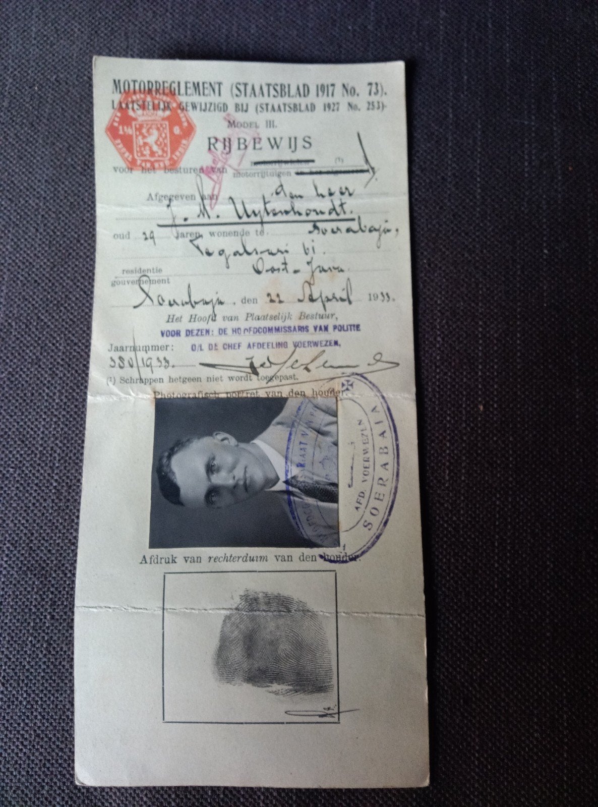 Motorrijbewijs Nederlands-Indië 1933 Soerabaja, Ophalen of Verzenden, Gebruikt