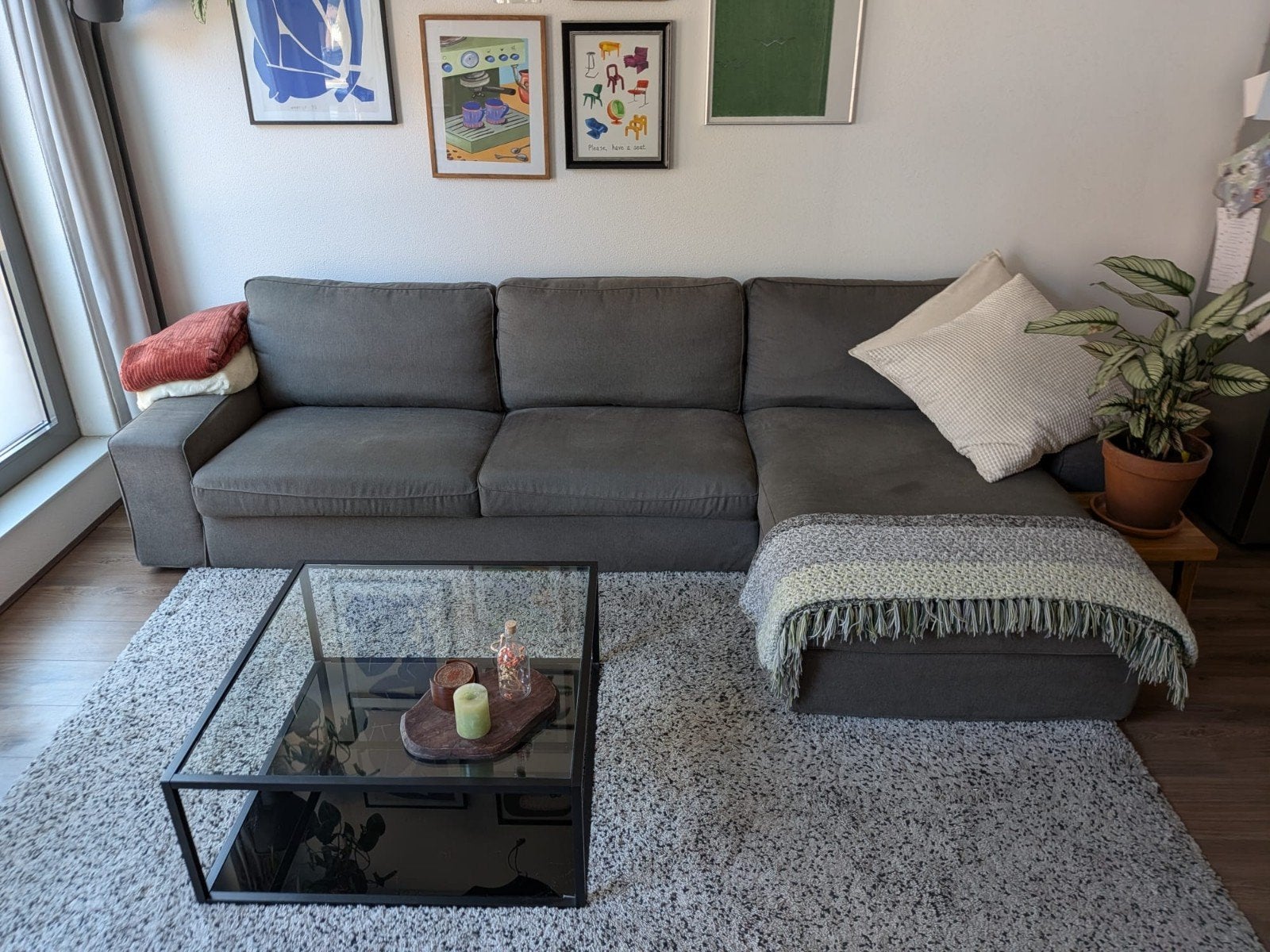 Bank met lounge gedeelte | Grijs | Erg goede staat., Ophalen, Gebruikt, Modern en comfortabel, Hoekbank